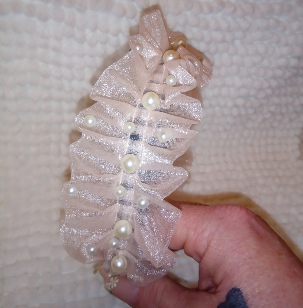 Gorgeous Pink Ruffled Tulle Headband with Faux Pearls | Bridal, Coquette, Fairyc - Picture 8 of 13